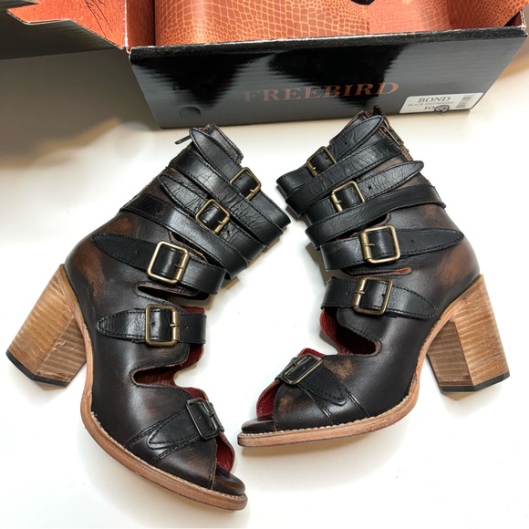 Freebird Bond Black Distressed Block Heel Sandals Multi Strap & Buckle Size 10 - Picture 6 of 16